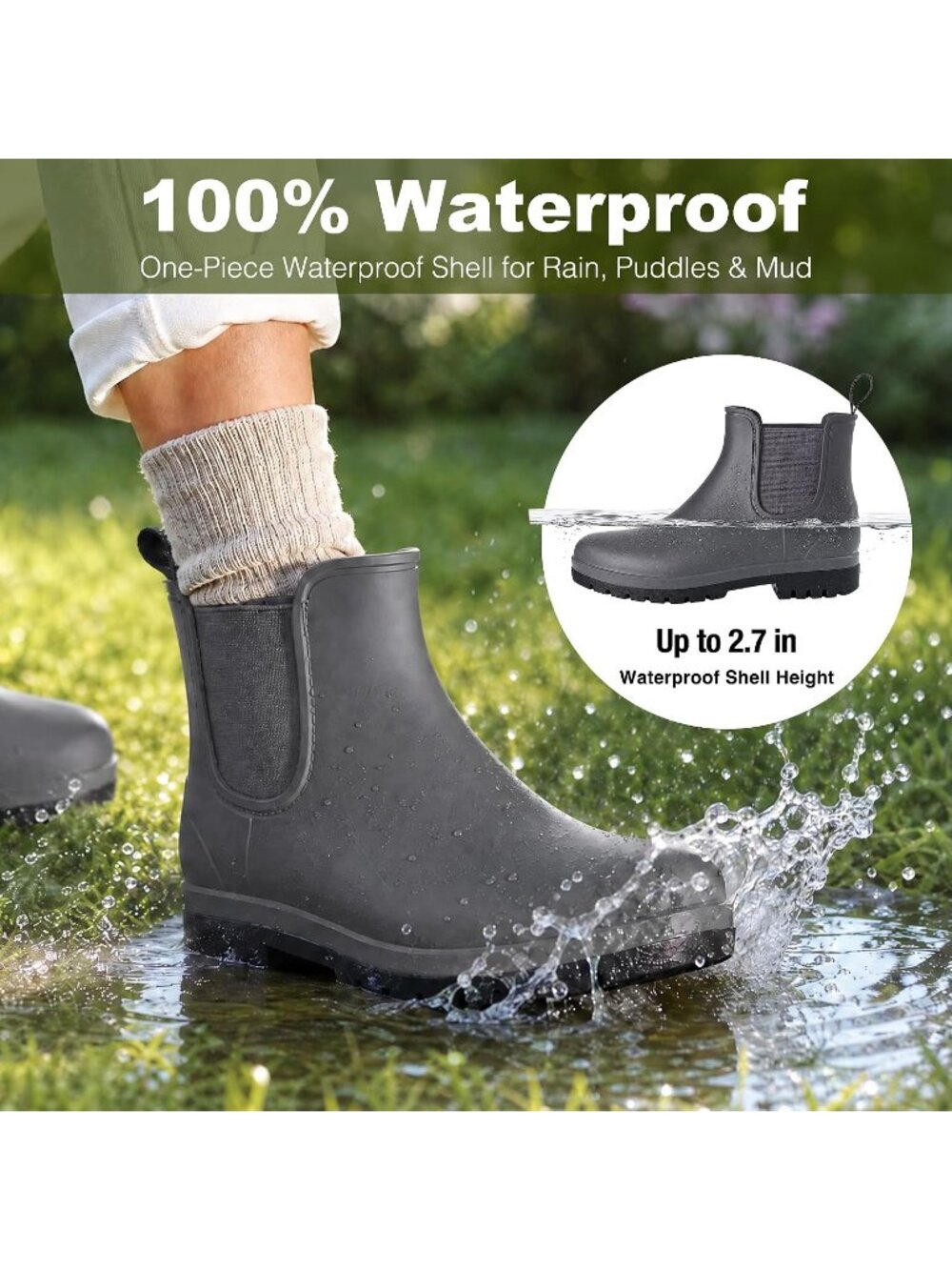 Women's Dark Grey Waterproof Chelsea Non-Slip Rubber Lightweight Rain Boots - Picture 4 of 6